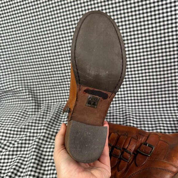 Frye Kelly Belted Buckle Cognac Brown Red Leather Heeled Boots Womens Size 9 - Picture 8 of 8